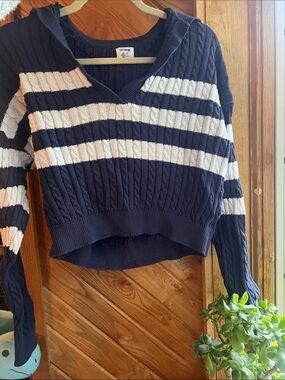 Navy and White Striped V-Neck Cable-Knit Sweater